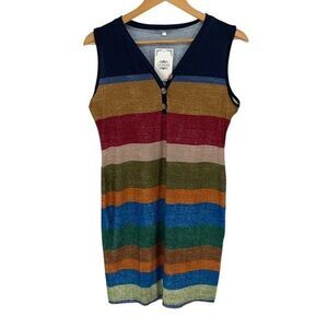 La Made Womens Rainbow Striped 1/4 Button Bodycon Dress‎ Blue Red Size Large NWT